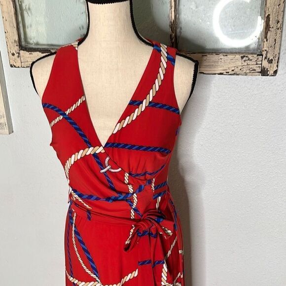 Ralph Lauren Womens Print Tie Waist Jersey Dress Sleeveless Hibiscus Size 0 - Picture 3 of 10